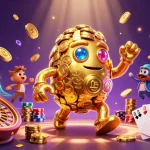 Experience thrilling wins at 123b with captivating gold golem illustration and casino elements